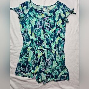 Lilly Pulitzer Floral Lemur Tropical Print Teal One Piece Romper Size XL 12/14